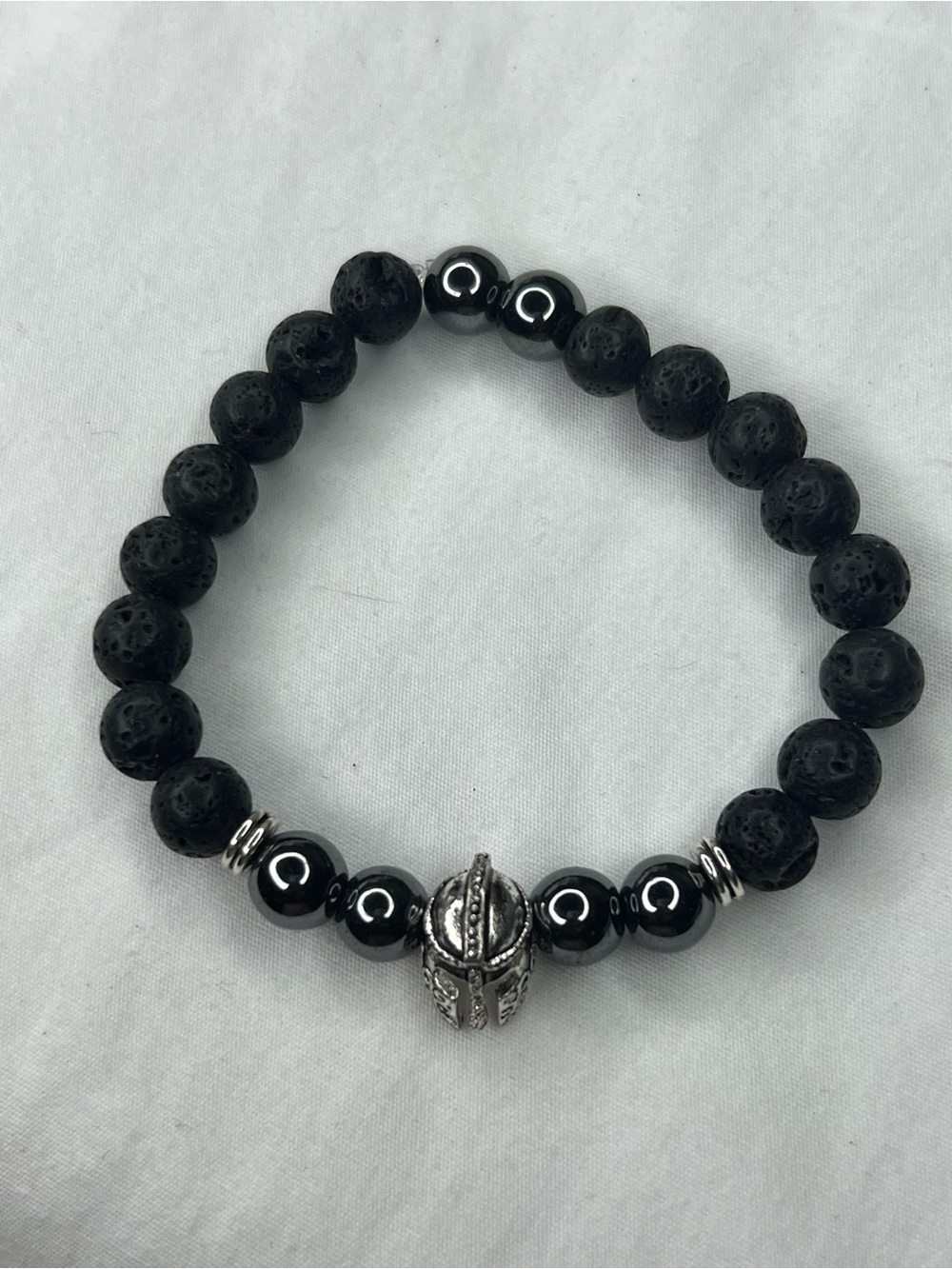 Men's Black Lava Bead Bracelet with Silver Spartan Accent - Unbranded